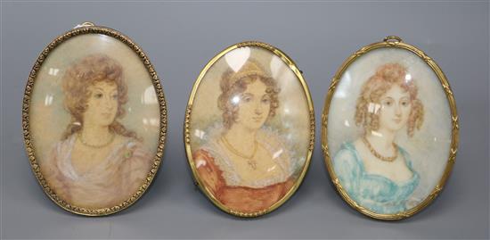 Three framed miniature portraits of ladies